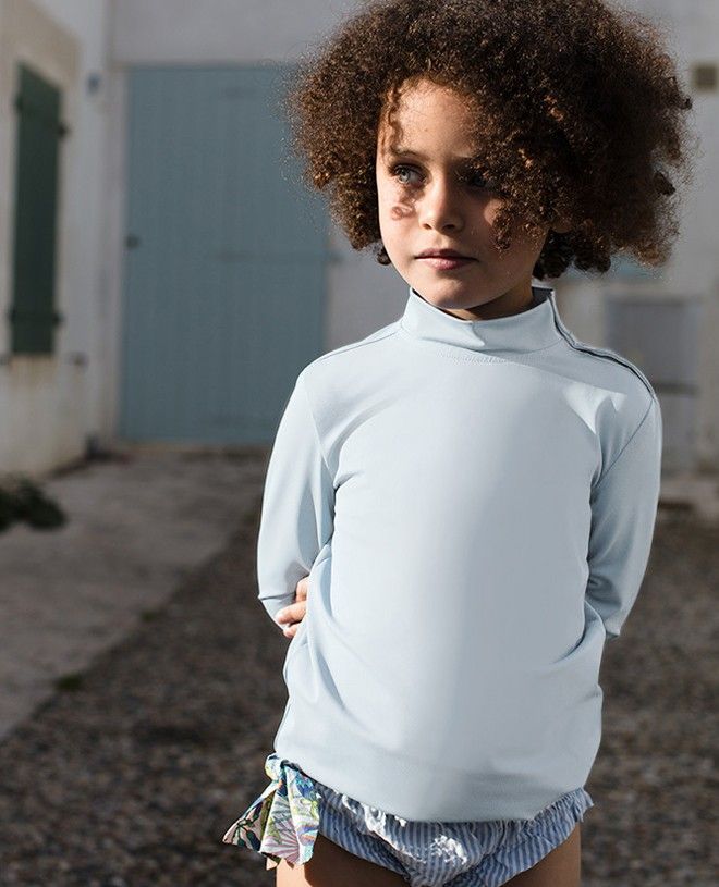 Haut t-shirt avec manche longues anti-UV Turbot pour garçon, fille et bébé bleu ciel uni de CANOPEA