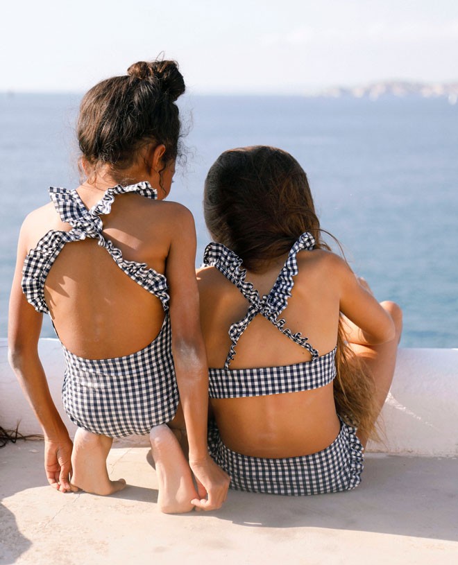 Culotte de bain anti-UV pour fille et bébé Romy en vichy blue de CANOPEA