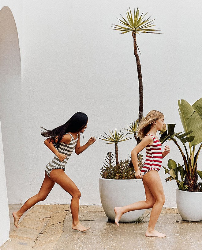 Arabella's sun protective girl swimwear in Marsala stripe by Canopea
