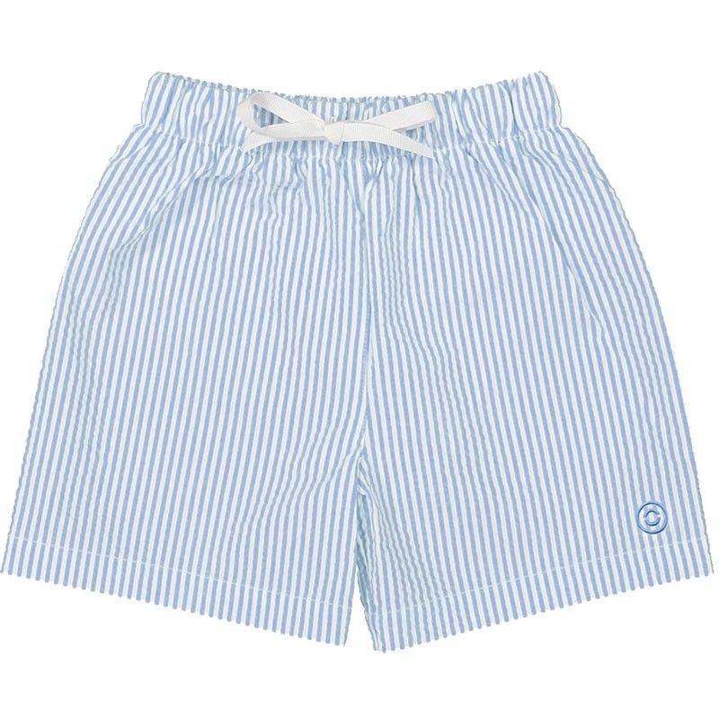 Slate blue seersucker swim shorts for men and dads by Canopea