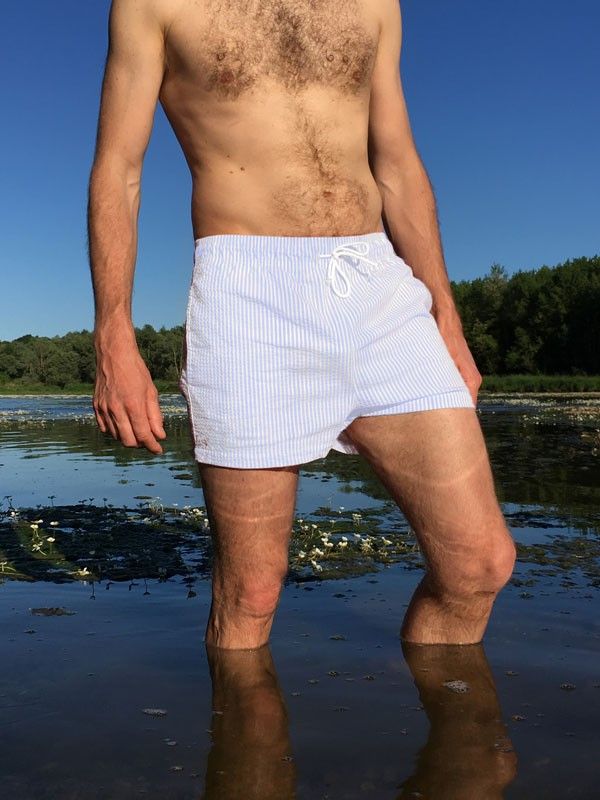 Slate blue seersucker swim shorts for men and dads by Canopea