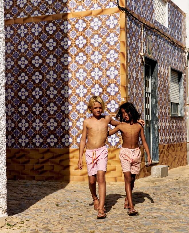 Tangerine orange seersucker swim shorts for boys by Canopea