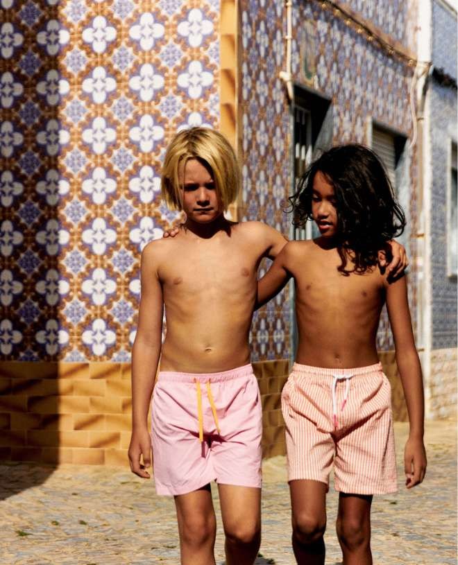 Tangerine orange seersucker swim shorts for boys by Canopea