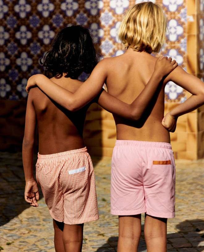 Tangerine orange seersucker swim shorts for boys by Canopea