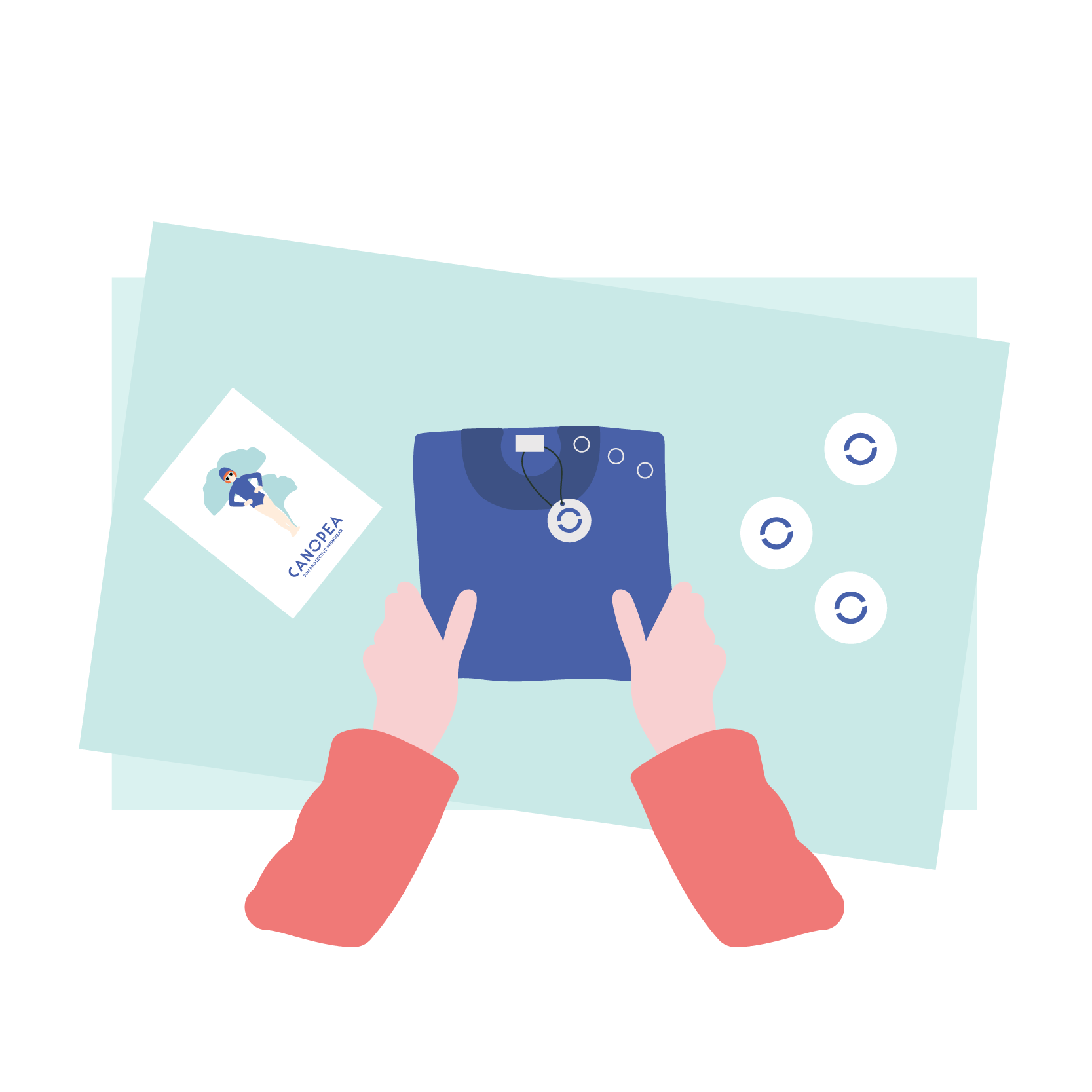 Illustration minimaliste et colorée montrant une paire de mains tenant un vêtement bleu soigneusement plié, avec une étiquette circulaire portant un symbole de recyclage. À côté, des boutons assortis et une carte avec le logo 'CANOPEA' sont disposés sur une surface bleu clair.