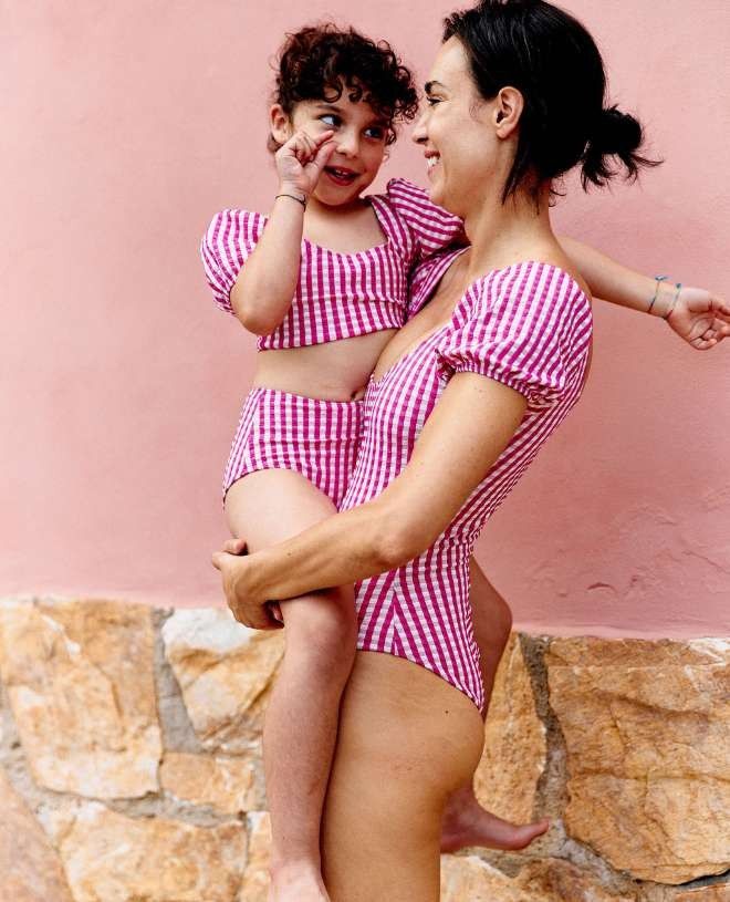 One piece Sun protective swimsuit for women PAOLA in fuchsia gingham by Canopea
