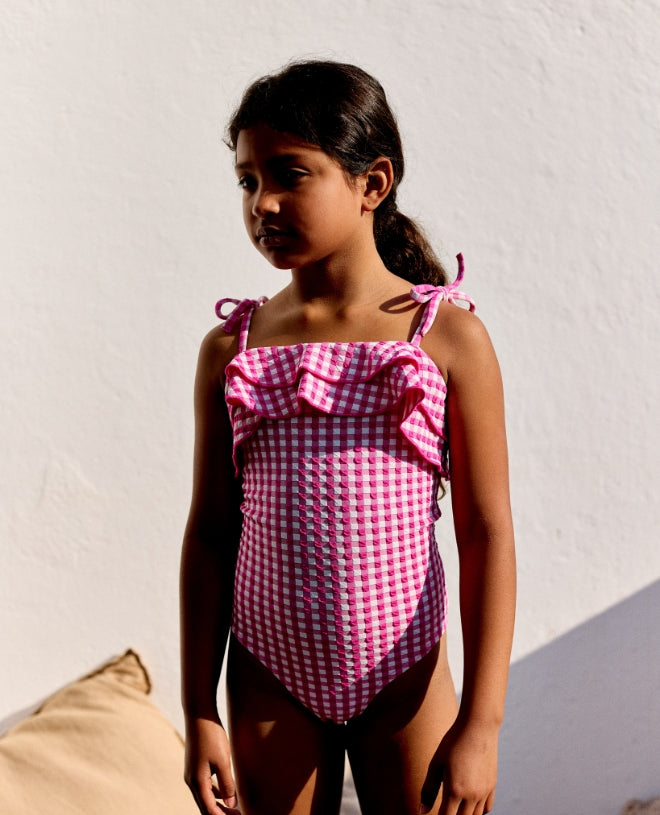 Maillot de bain une-pièce anti-UV pour fille Fantine en vichy fuschia de CANOPEA