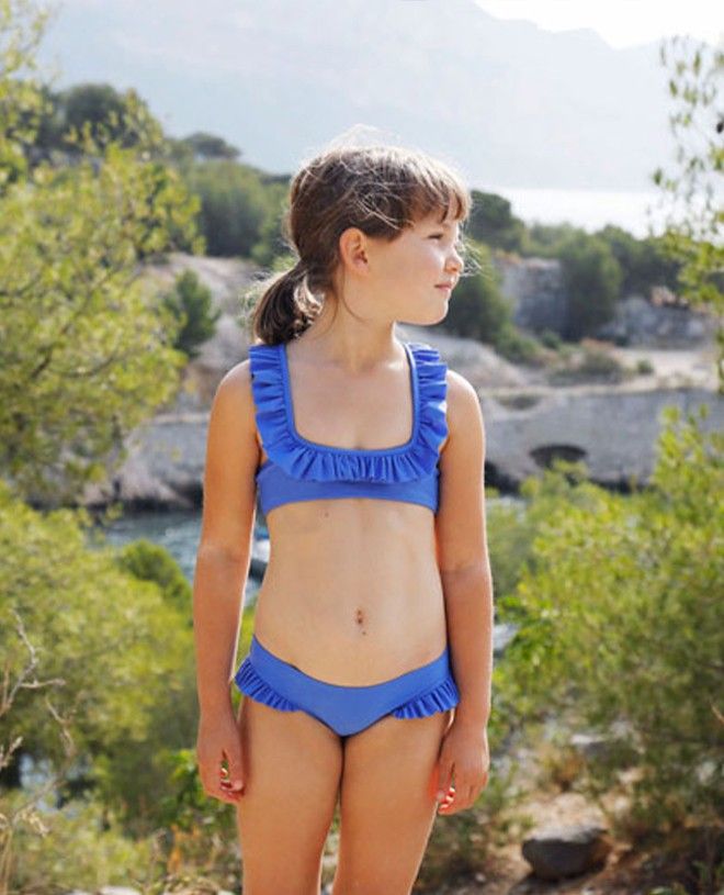 Indigo blue sun protective bikini bottom with ruffles for girl