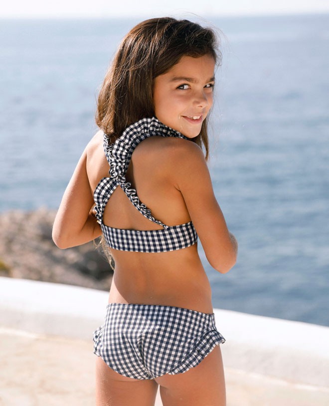 Vichy sun protective bikini with ruffles for girls