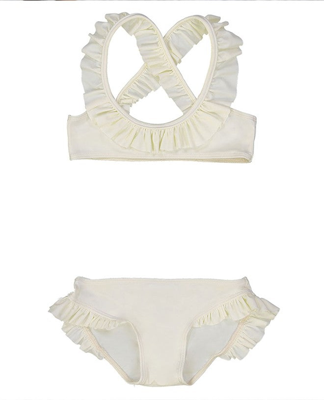 Vanilla white sun protective bikini with ruffles for girls