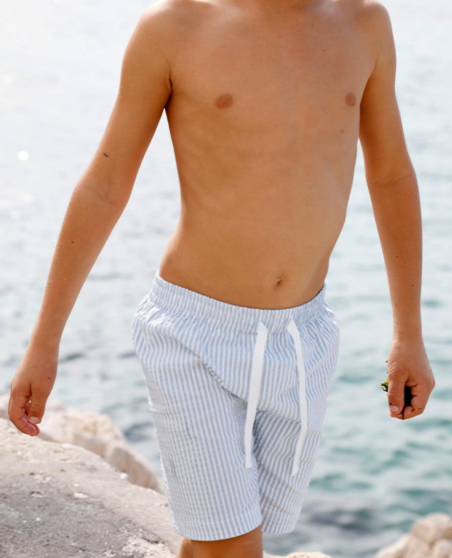 blue seersucker swim shorts for boys