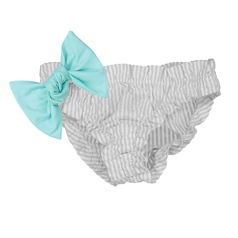 Grey seersucker bikini for baby girls with frowns and a large removable aqua green bow