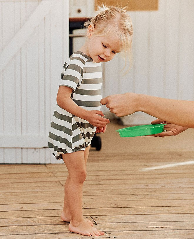 short sleeve baby sun protective swimsuit in Terra Stripes by Canopea