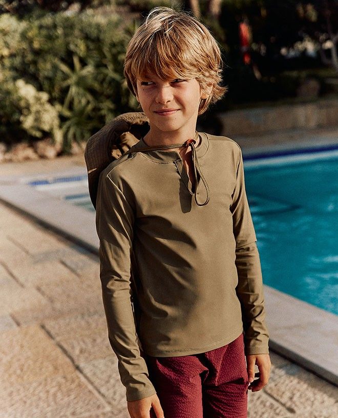 Red Marsala seersucker swim shorts for boys by Canopea