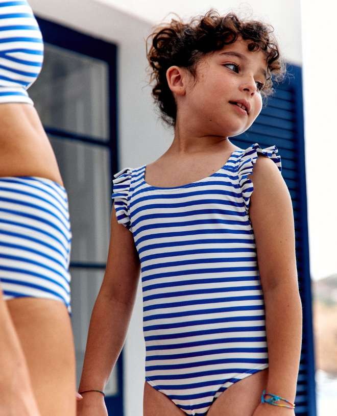 Thelma Sun protective swimwear for children and girls in cobalt stripe by Canopea