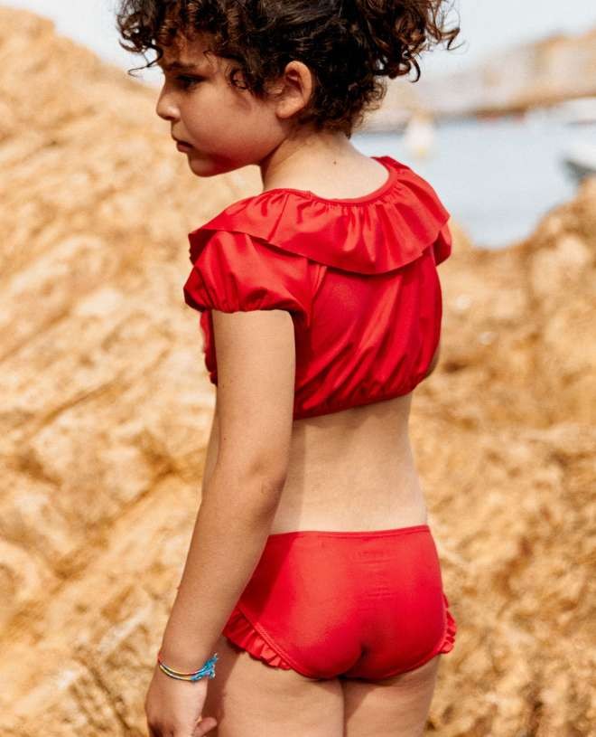 Canopea Paris Rear Rose sun protective bikini top with ruffles in cranberry for girls