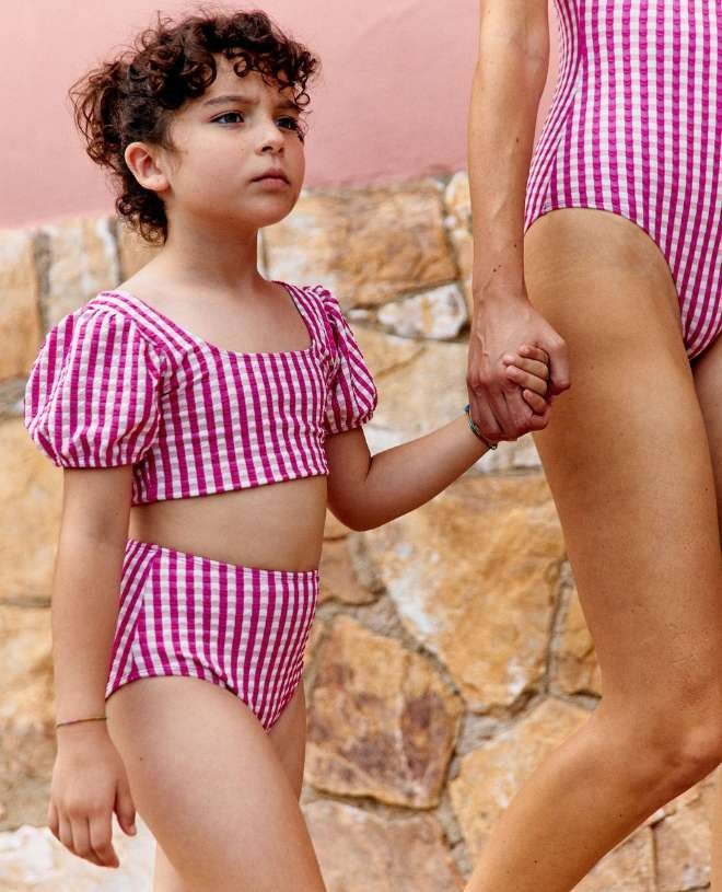 Fuchsia Gingham sun protective bikini swimwear for girls by Canopea