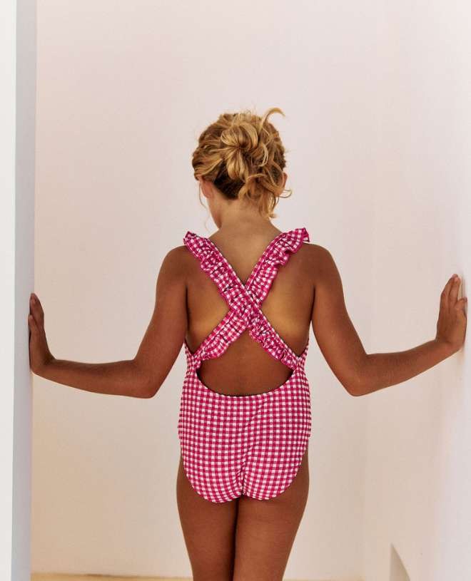 Alba Fuchsia Gingham sun protective one piece swimsuit with crossed back straps for girls from CANOPEA