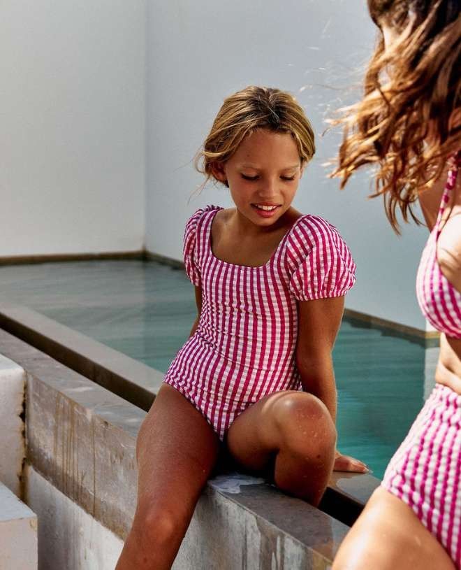 Fuchsia Gingham sun protective swimwear for girls by Canopea