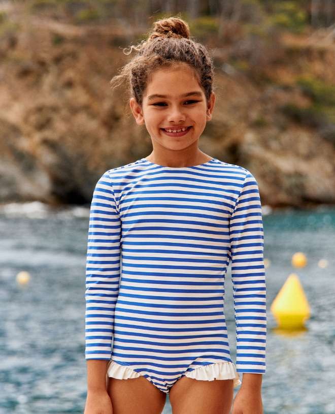 Long sleeve sun protective Misha swimsuit for girls in cobalt stripe from CANOPEA