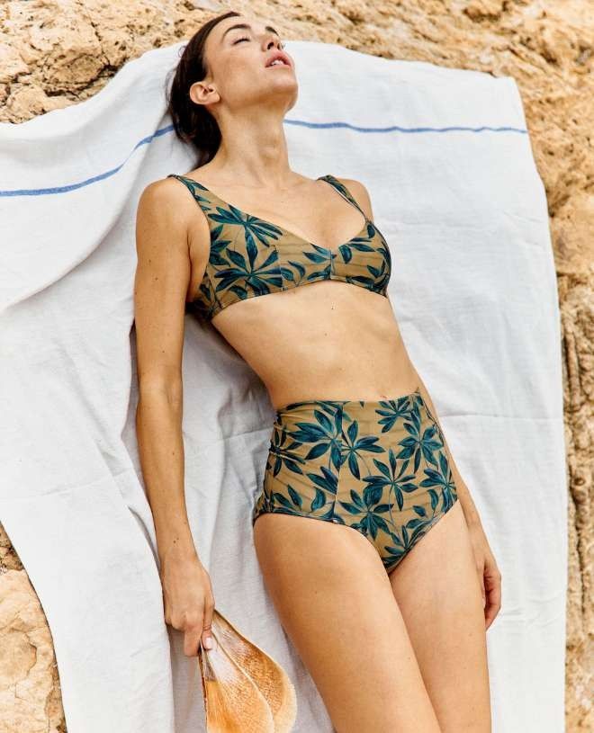 Sun protective bikini bottom for women LEANDRA in Habana terra exclusive print made by Canopea