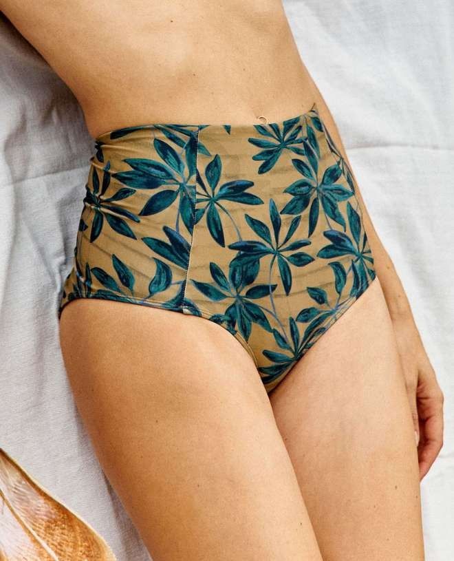 Sun protective bikini bottom for women LEANDRA in Habana terra exclusive print made by Canopea