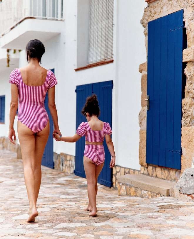 One piece Sun protective swimsuit for women PAOLA in fuchsia gingham by Canopea